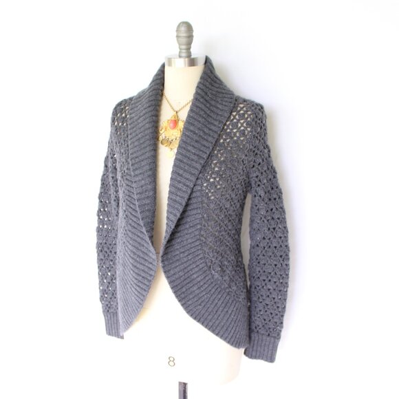 VINCE Alpaca Cashmere wool gray crochet cacoon open cardigan sweater macrame M - Picture 2 of 10